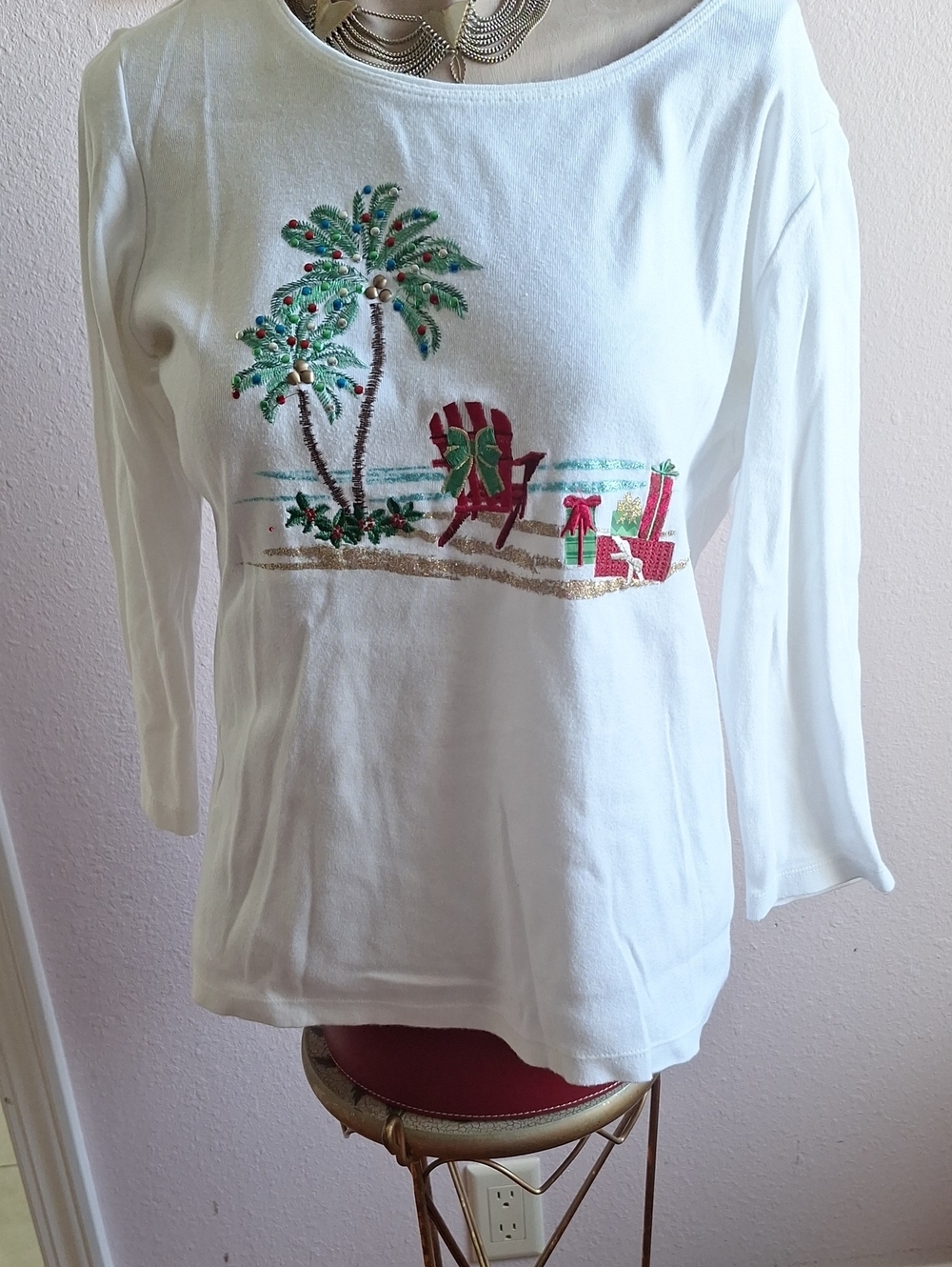 Karen Scott White Top with Navy Label and Gold Tassel Accent